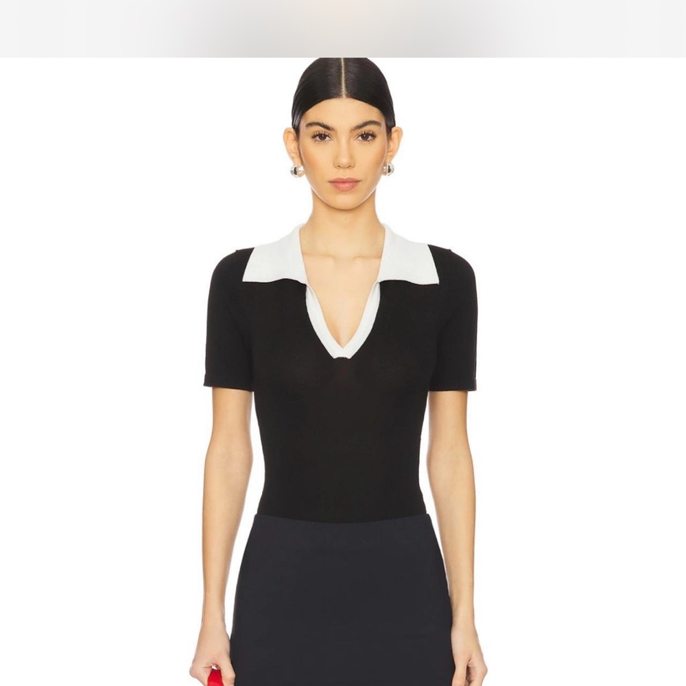 REVOLVE Black Short Sleeve Bodysuit with White V-Collar